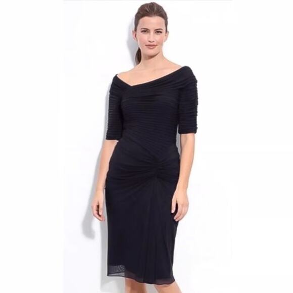 TADASHI SHOJI Black Dress Asymmetric-Neck Ruched Pleated Mesh 3/4 Sleeve Sz M - Picture 1 of 15